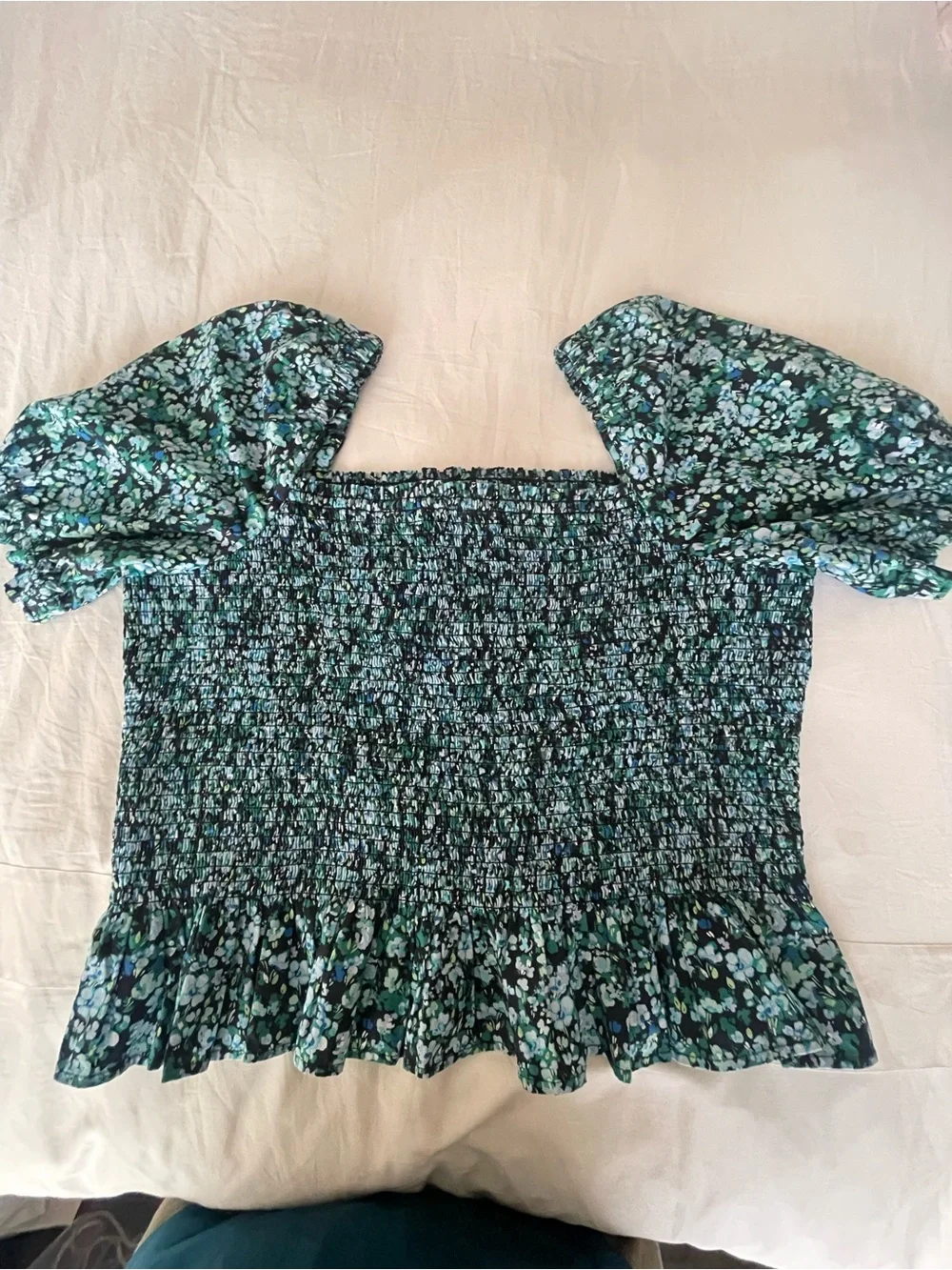 J. Crew Teal and Black Smocked Square-Neck Puff Sleeve Blouse